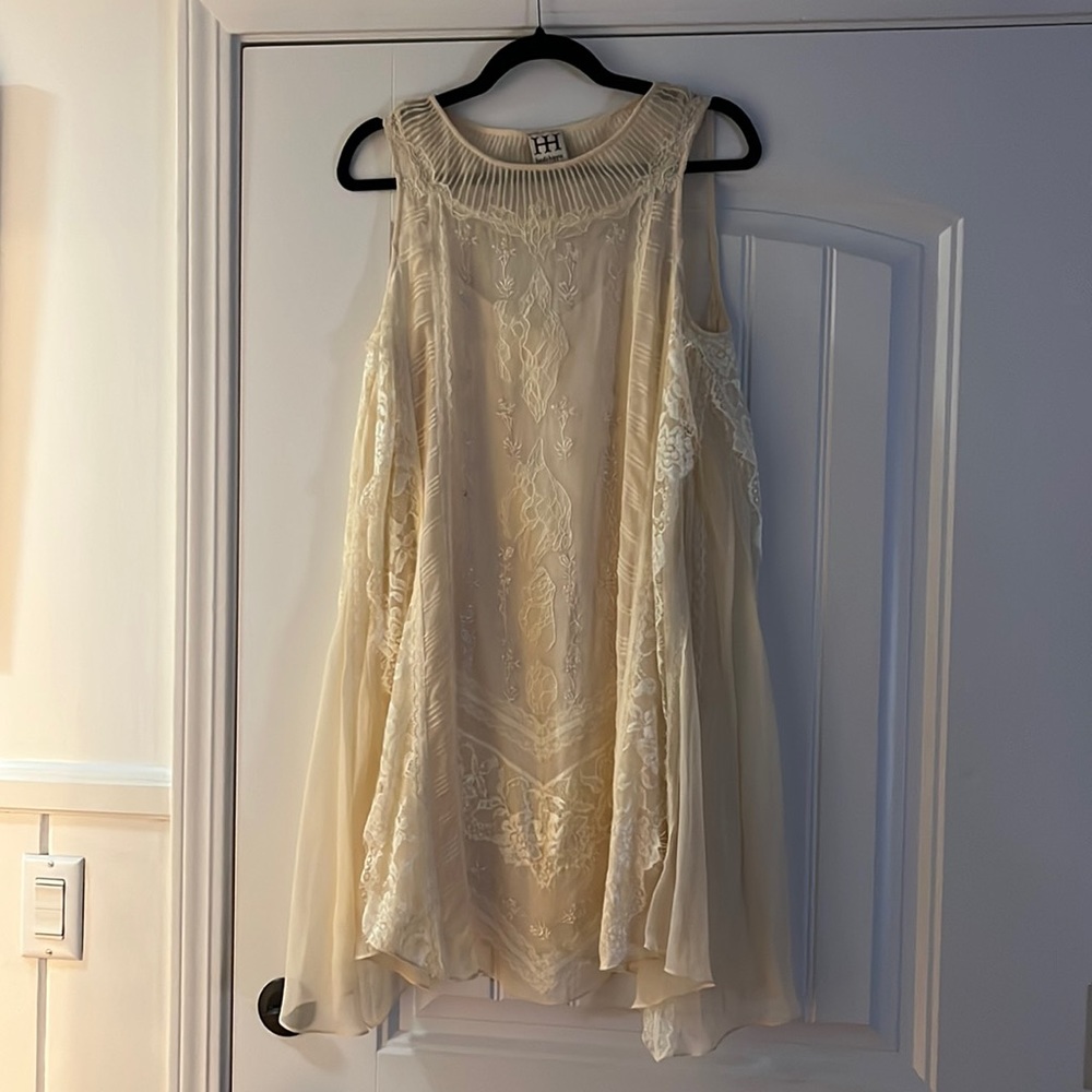 Haute Hippie XS Cream 100% silk dress. Under layer, top layer with embroidery.